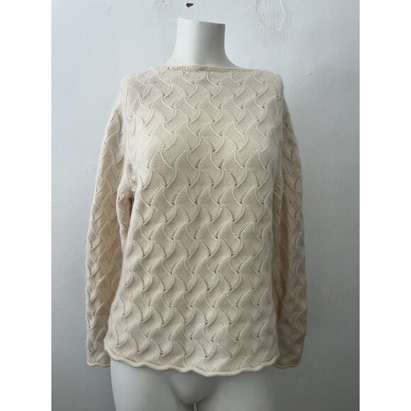 Vintage I Magnin Cashmere Wavy Scoop Neck Pattern Cream Pullover Sweater XL - Picture 2 of 5